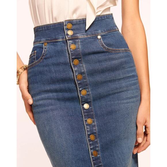 Ramy Brook Women's Karter High Waisted Denim Skirt Snap Up Front Stretch 25 XS - Picture 3 of 15